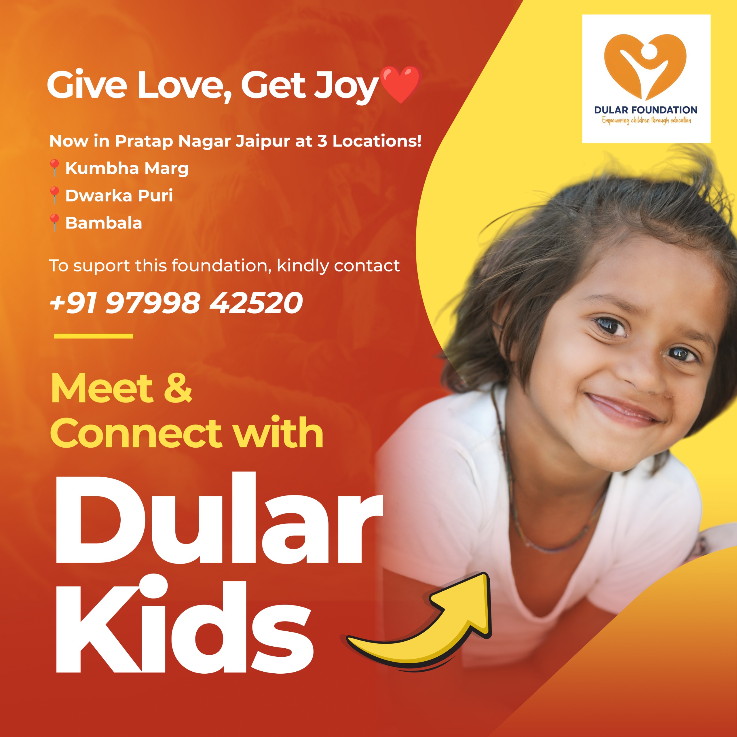 Dular Foundation — Now at 3 locations: Kumbha Marg, Dwarka Puri, Bambala. Contact +91 97998 42520